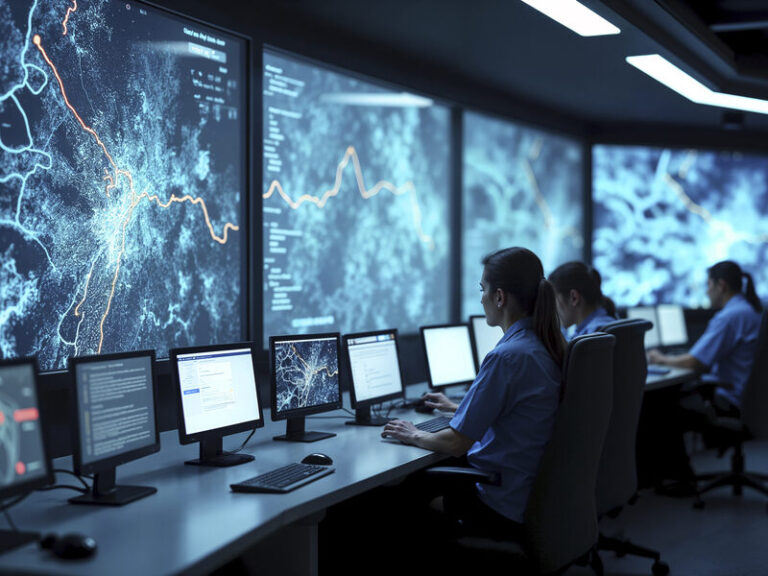 An editorial illustration of a security team reviewing sensitive data flows across cloud apps, email, and endpoints on a large enterprise dashboard.