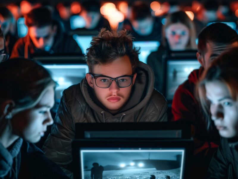 An IT security team reviewing user activity alerts on multiple monitors in a modern office, focused on unusual internal access and data movement.