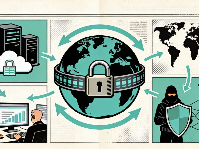 An editorial illustration of a security team reviewing data movement across email, cloud apps, endpoints, and collaboration tools on a central dashboard.